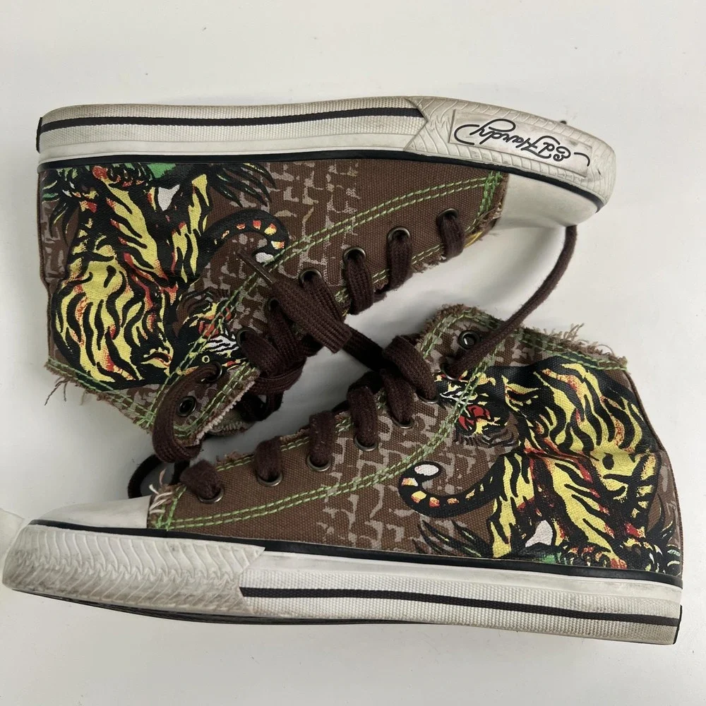 Ed Hardy Shoes Womens Size 7 Brown Tiger Canvas High Top Sneakers 18FHR107W